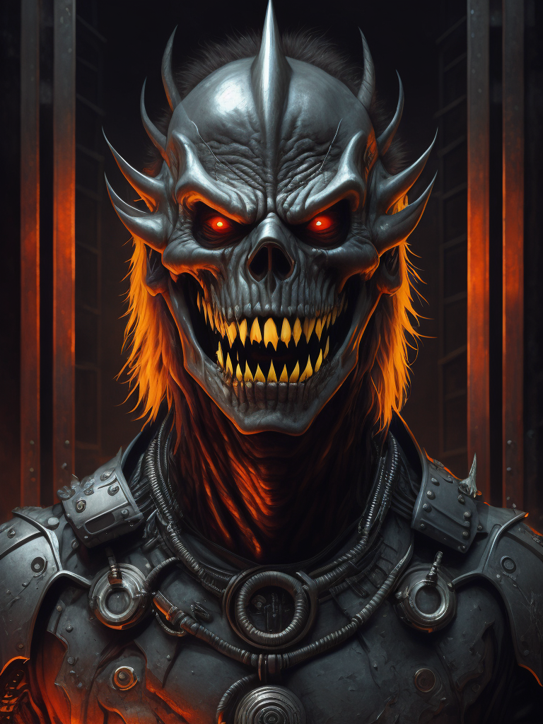 1987 scary heavy metal art, scary psycho killer monster, 80s scary horror illustration, no text, mk ultra, iron maiden, 80s illustration of futuristic heavymetal band, monster, cybernetic prison, metal art