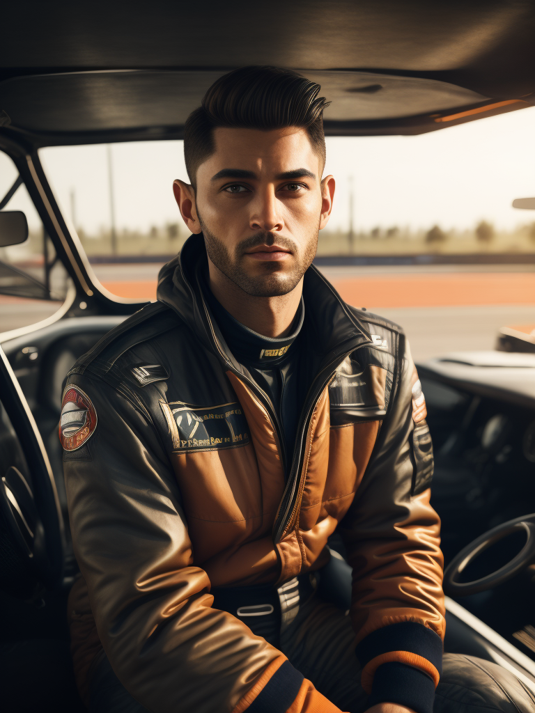 racing track, racing car driver, sitting in car hood, vintage photo, highly detailed