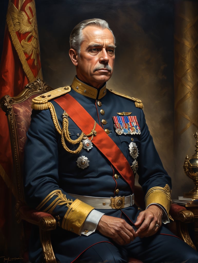 Classical portrait of royalty in uniform. Dramatic lighting. Oil paint texture, high quality.