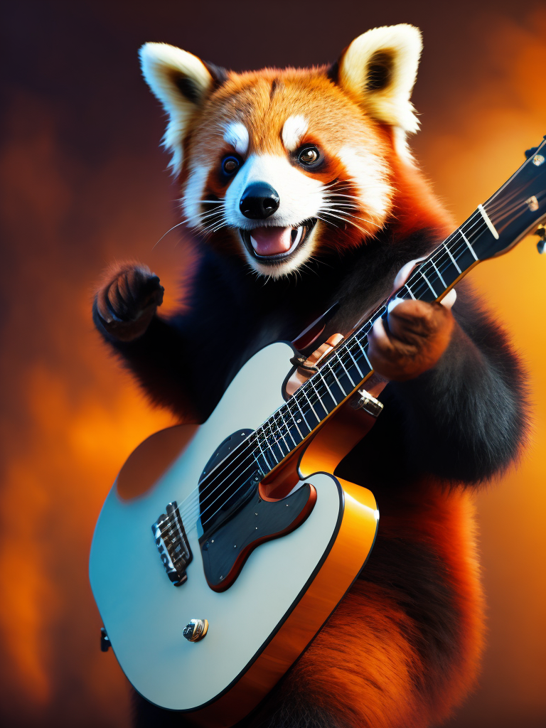 Red panda bear playing guitar, Vivid saturated colors, Contrast light, studio photo, professional photo, Detailed image, detailed face