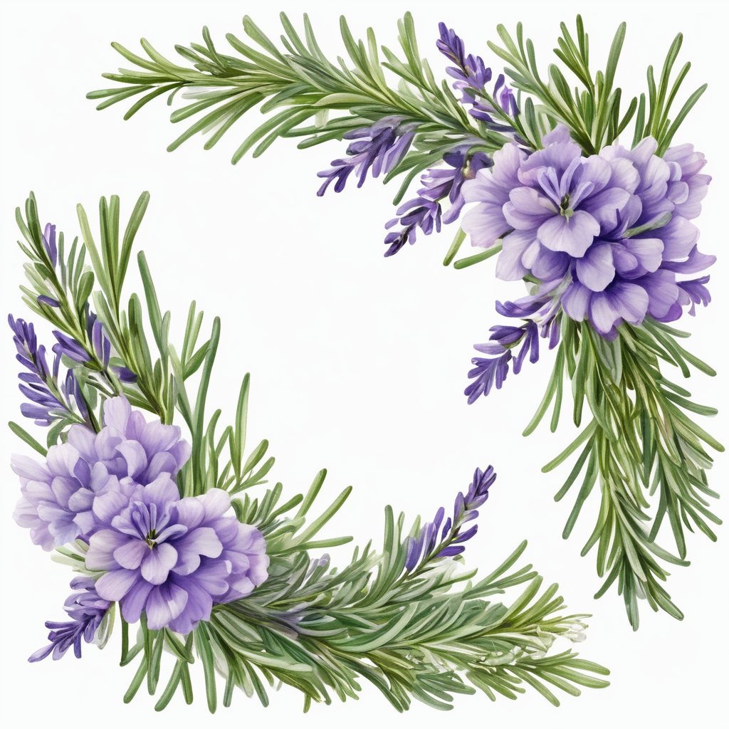 Generate a design featuring the delicate pairing of rosemary and lavender with intertwined floral elements, creating a harmonious and aromatic composition, , on full White background, Elegant, Botanical, Bright, Blooming, Decorative, Colorful, Gorgeous, Attractive, Delightful, professional artistic, masterpiece