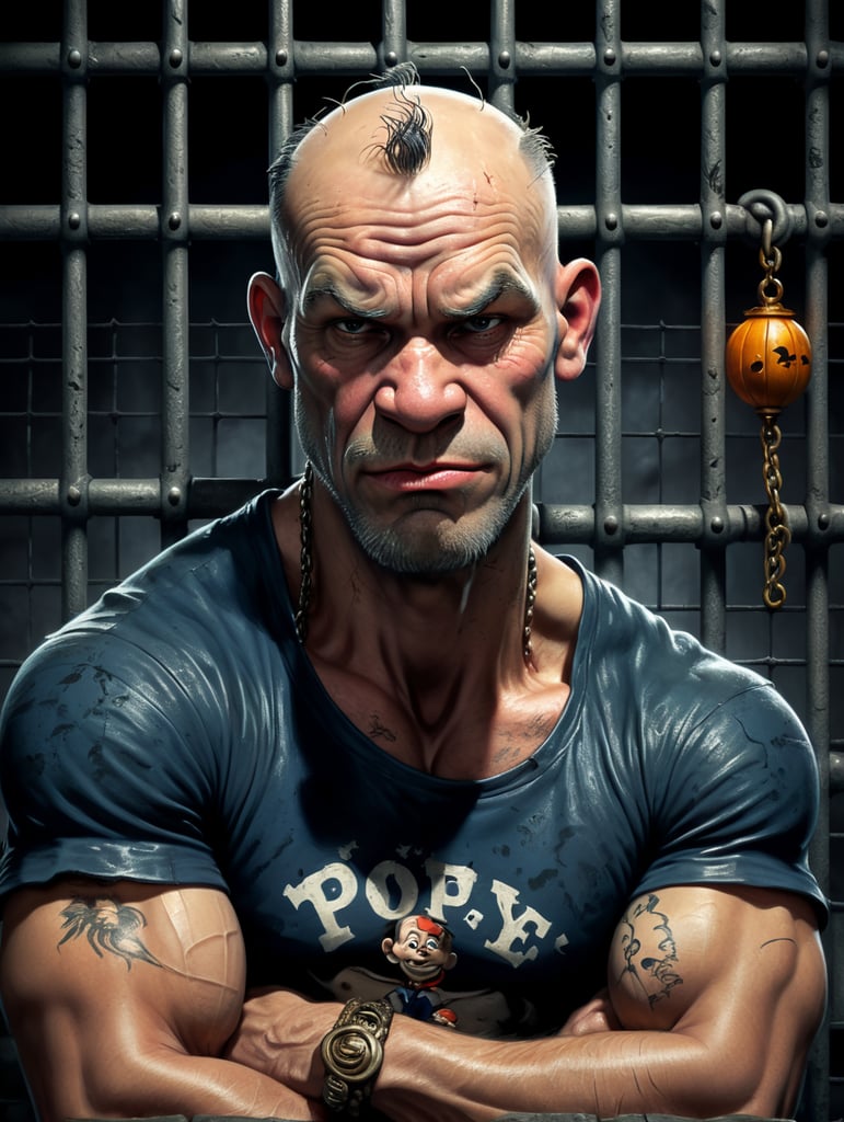 Sad man in jail,with Popeye shirt, Disney Pixar style