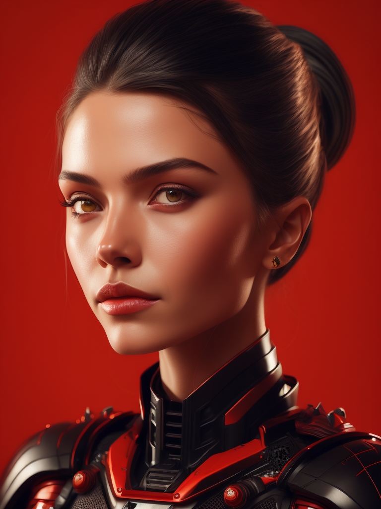 Portrait of an android girl made of red glossy material, sharp highlights, red background, Vivid saturated colors, Contrast color