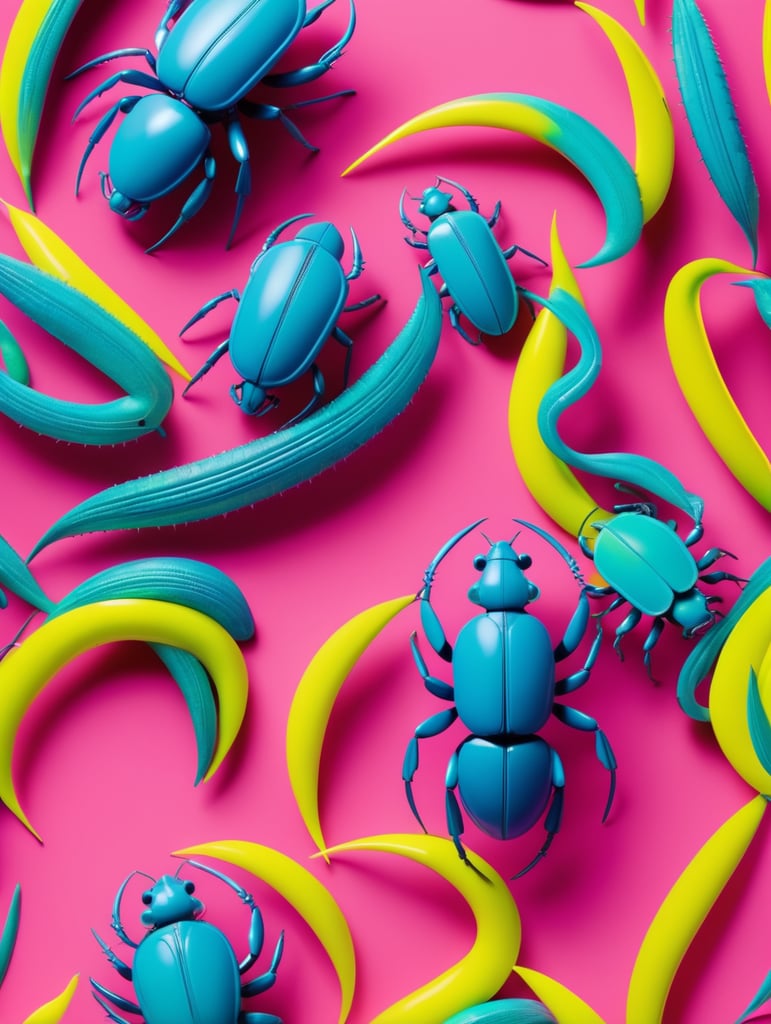 Scarabaeus sacer pattern, style in neon colors, by laurie simmons, minimal figures