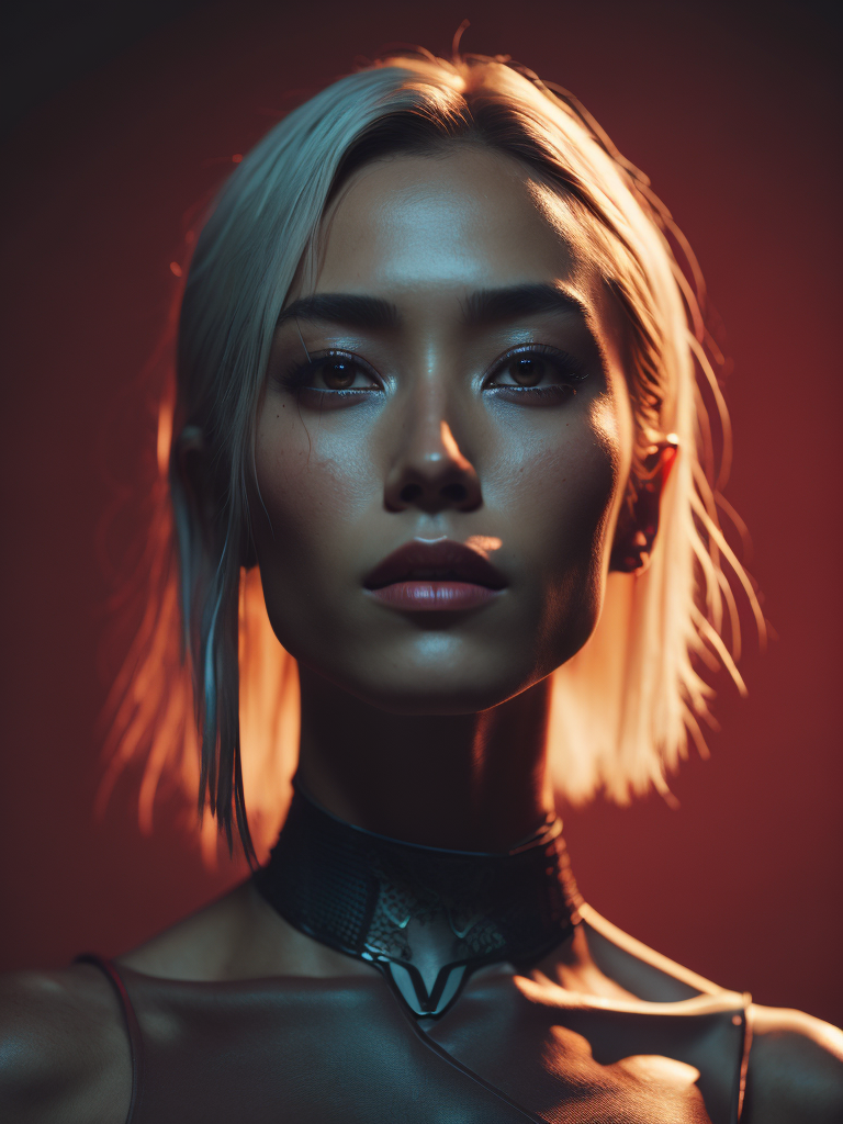 cyberpunk japan girl on a red background, red light reflection on her face, White hair