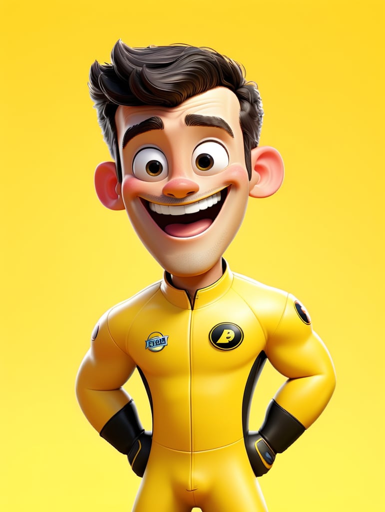 Smiling and cheerful racer in a yellow racer suit on an isolated yellow background