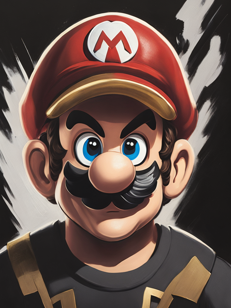 Super Mario Bros new movie close-up portraiture, in the style of swagger, hard edge painting, devilcore, dynamic portrait, expressive face, oil on panel, red and black, gold and silver, les nabis