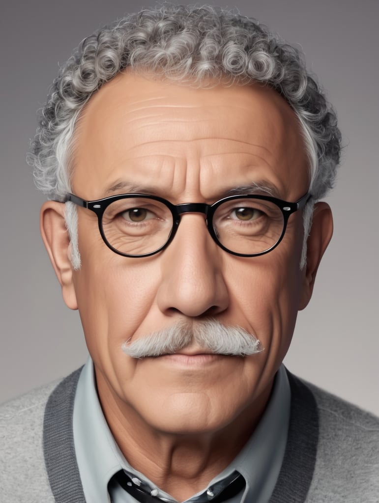 46 old man wearing glasses with black haired round tips mustache and curly short hair