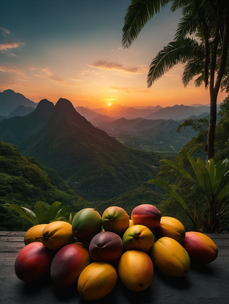 Couple of a Mango in a forest in front, unsharp background with sunset vibrant colors nature art scenic horizon mountain range skyline views artistic beauty colorful scenery nature photography sunset inspiration