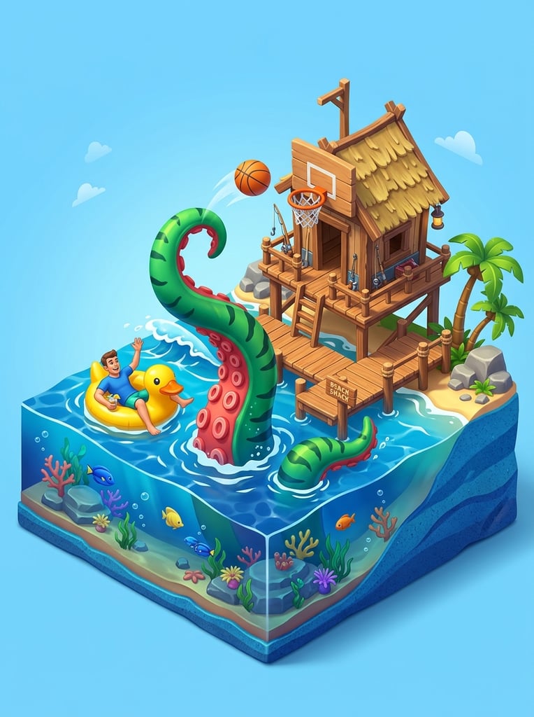 isometric 3D diorama of an ocean cross-section, small wooden stilt shack with a basketball hoop, giant green tentacle with red suction cups emerging from the water tossing a basketball, man relaxing in a yellow rubber duck float, stylized game art, vibrant smooth shading, clear background