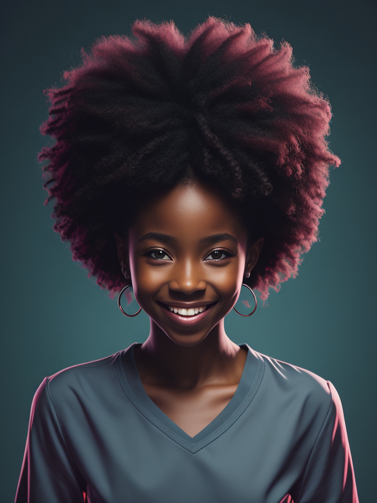 Smiling black woman, afro, award winning children's book illustration style, 2d illustration, white background, front view, vector