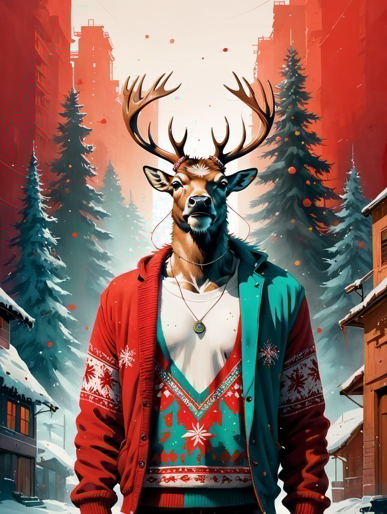 Rudolph the reindeer standing wearing an ugly Christmas sweater red background