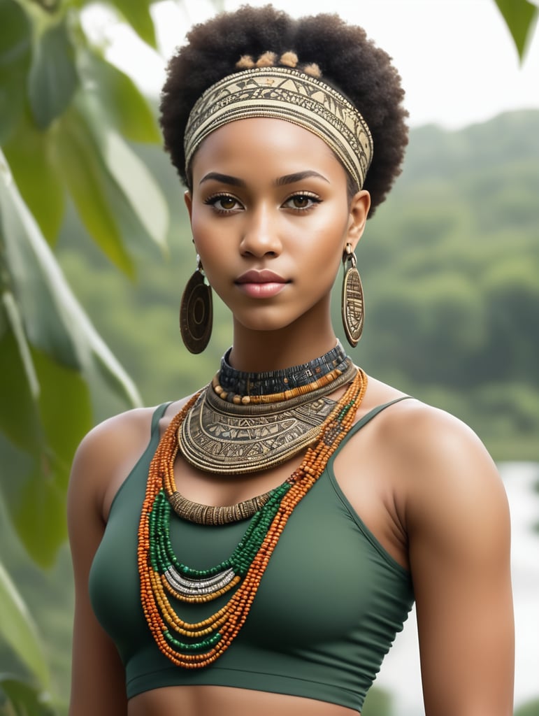 Generate a realist full body picture of Sungura, A 20 year old light skinned African woman, with a pulled back Afro hair with an african hair band short haircut wearing an African tribal attire and a beaded necklace standing standing by the river surrounded with lush greenery in a 16:9 aspect ratio image
