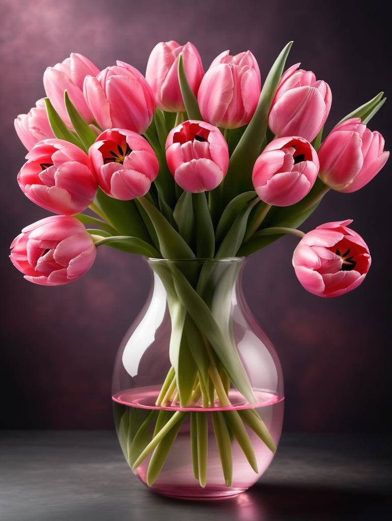 Round transparent glass vase with big bouquet of pink tulips, dark gradient background, sharp focus
