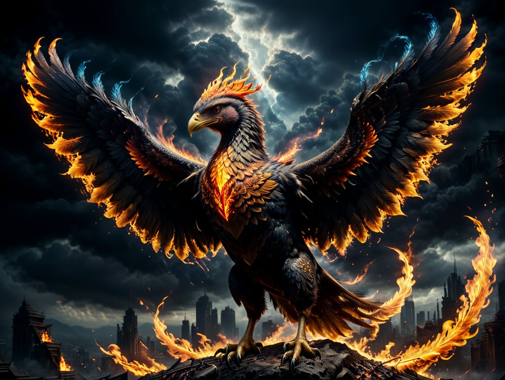 Fire phoenix bird with fiery wings, digital elements, computer symbols flies away from the wings. On a dark background.