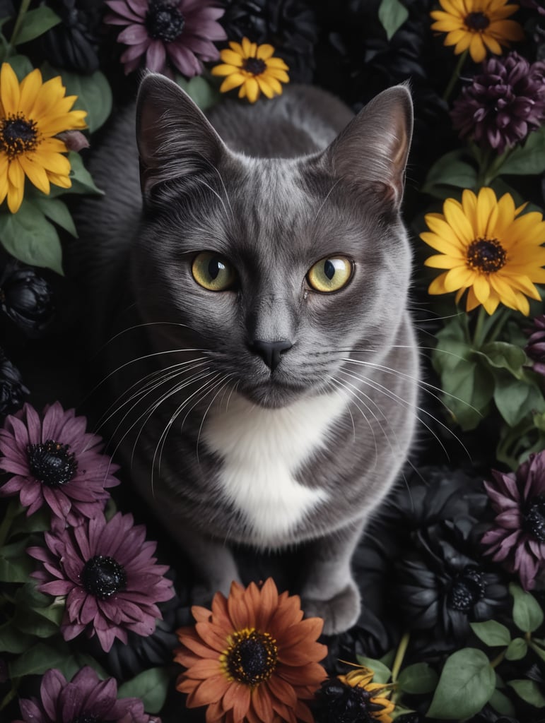 A total black cat is surrounded by black flowers and black flowers in a pile of them, looking up at the camera, a stock photo, conceptual art, photorealistic