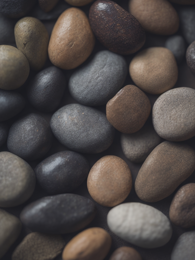 Texture of stones, pattern, background, top view, organic texture, seamless texture, scattered stones, gray and brown colors, deep colors, contrast lighting, voluminous stones, stones lie on top of each other, closely stacked stones