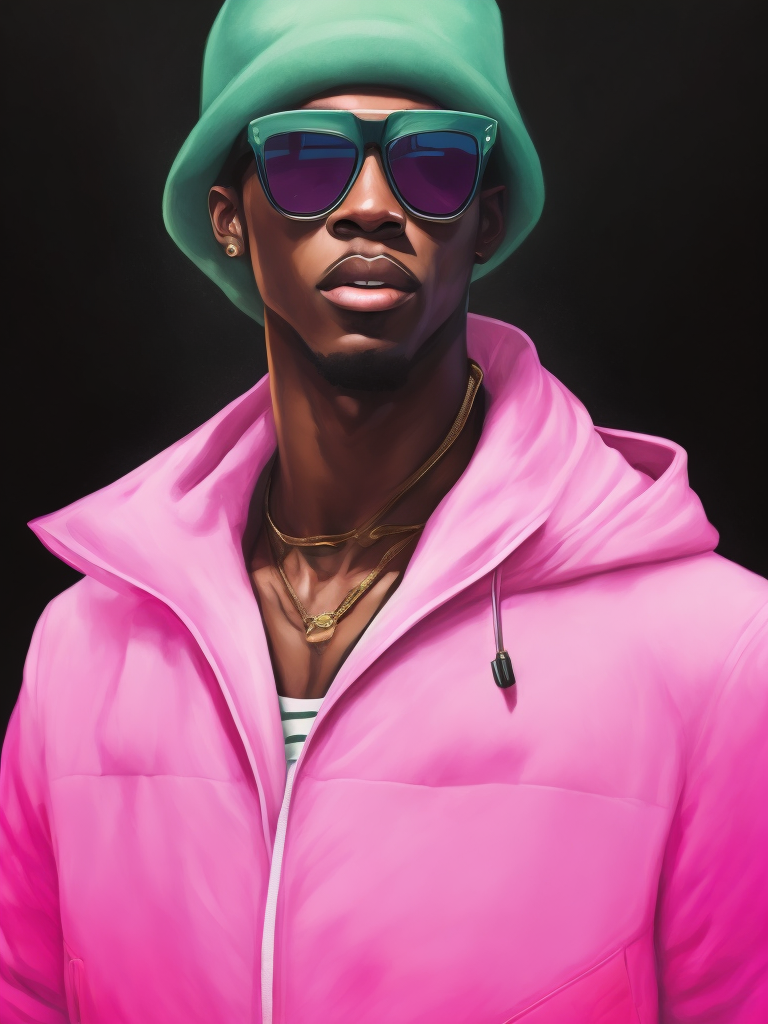 Black male fashion model, Wearing a pink jacket and a green panama hat, large black sunglasses, Black background, Bright and rich colors, bright saturated color, sharp focus,