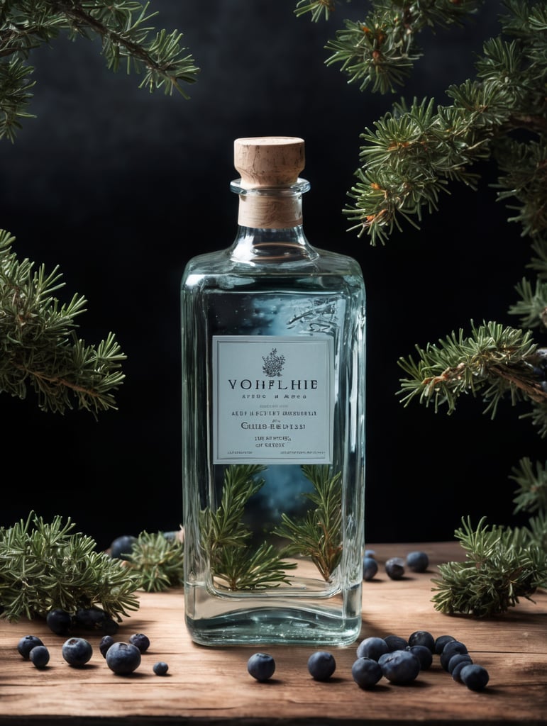 professional photography of a square gin bottle, square bottle, surrounding a juniper and juniper berries, one shot of gin in a front, no label, clear, mockup