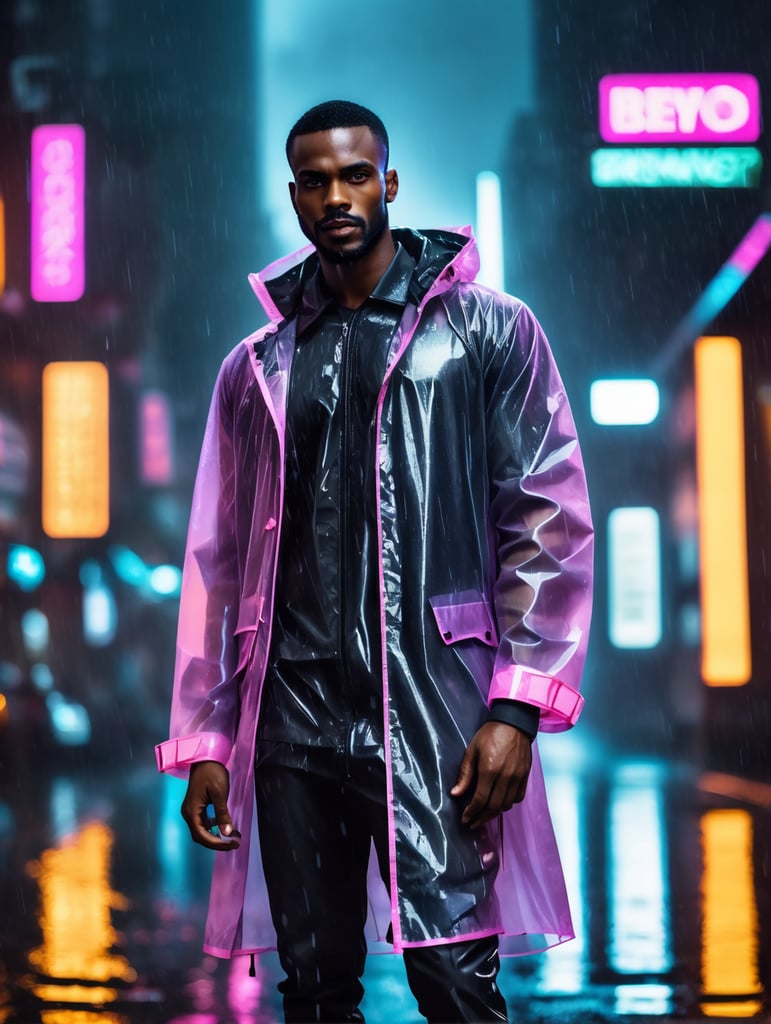 Portrait of A super model black African man wearing translucent raincoat, standing on a street under the heaviest rain, neon cyber city, dark night, neon signs,