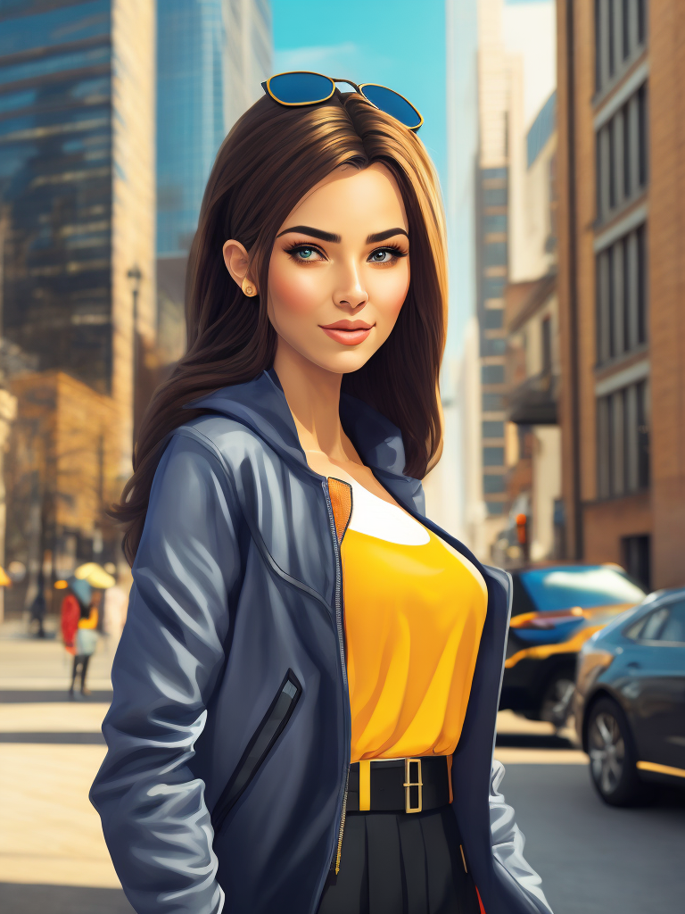 Cartoon character of a young woman from Ukraine who lives in big city wears modern casual clothes have short hear rendered in full front and side view