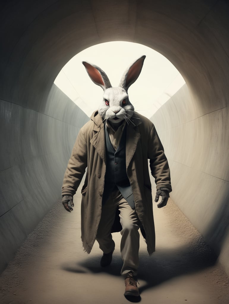 Scary Bunny Man is in a tunnel. He has old clothes. And he looks at the camera nervously. realistic