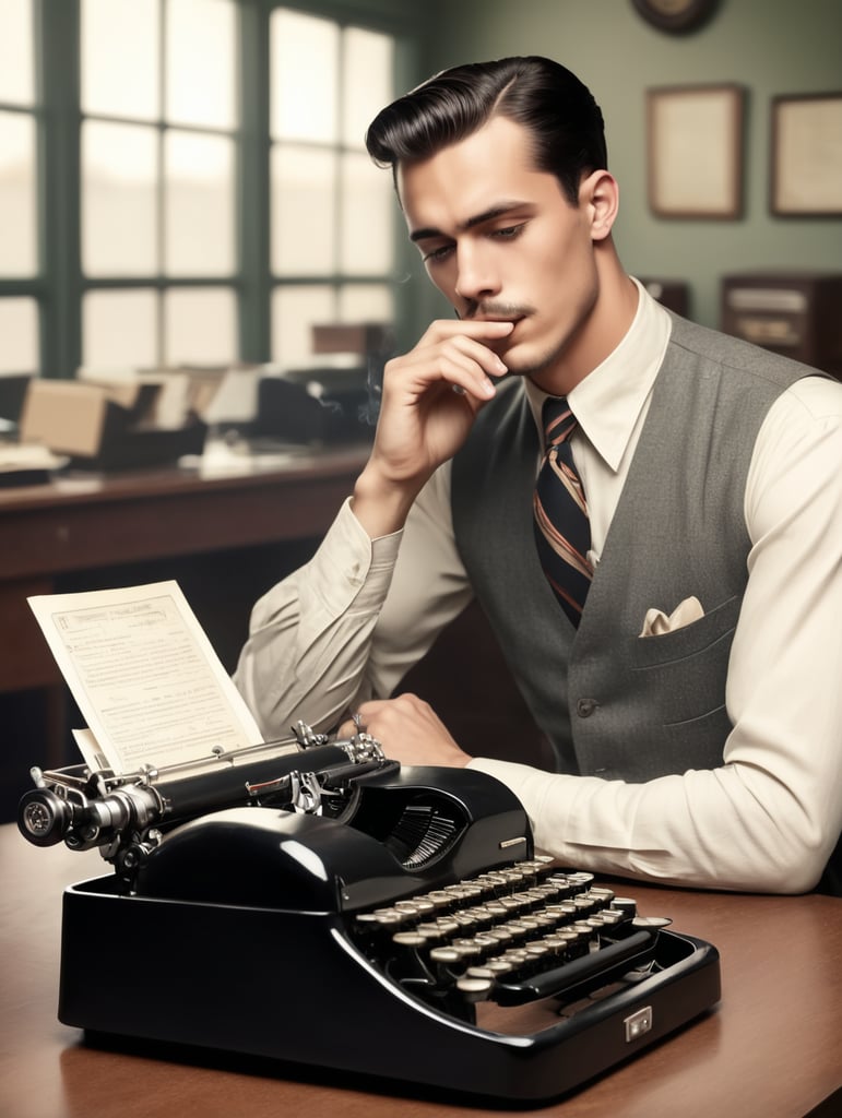 Hollywood 1940's, a young man, smoking a cigarette, is typing on a vintage typewriter in an office,