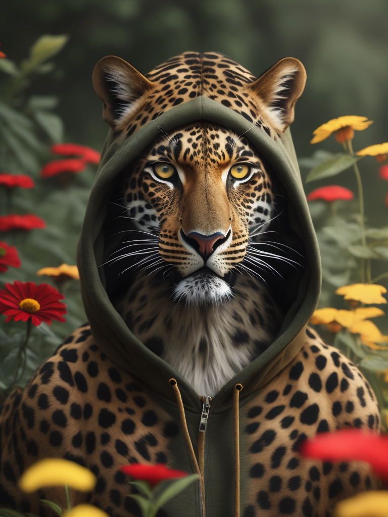Realistic leopard in green hoodie, flowers and smile, elegant, fashion magazine, strong, powerful, green hoodie, sharp focus, highly detailed, bright and saturated colors, photography in studio, the photo should be waist-length