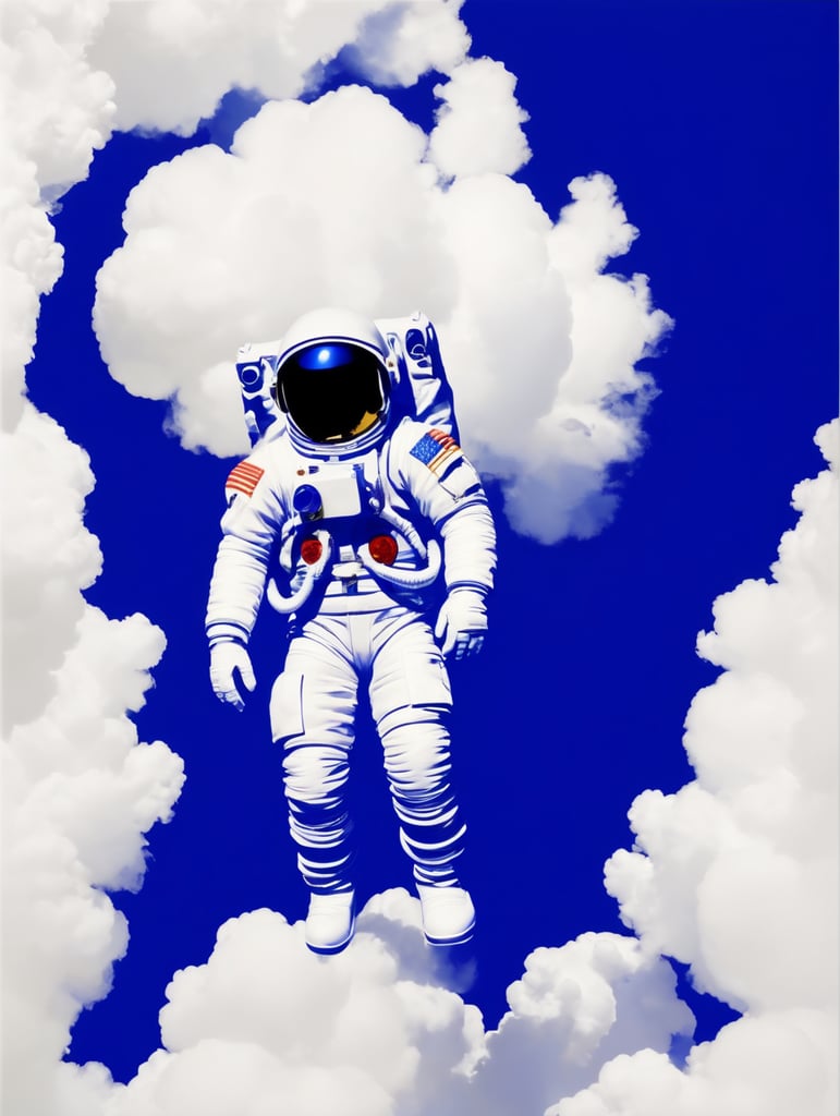 Pop art Astronaut i himmel af skyer i Yves Klein blå