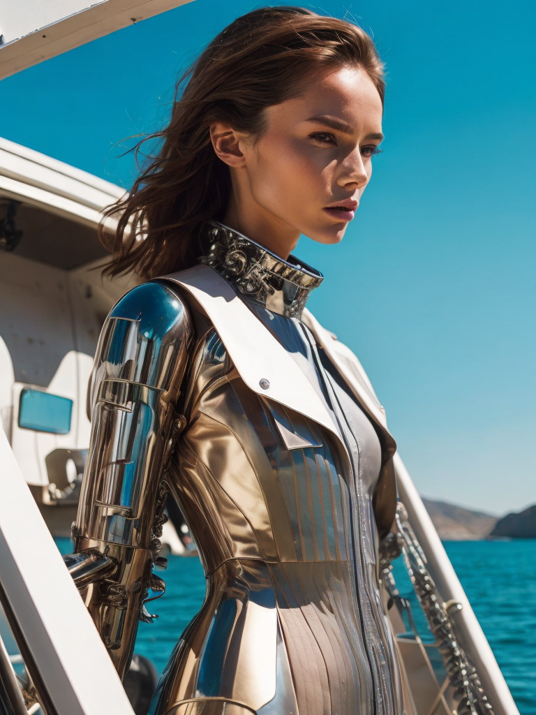 Beck Tyler ad featuring a woman donning a white ensemble, poised near turquoise waters, designed in the style of vibrant futurism, crafted with liquid metal elements in light magenta and bronze shades, showcasing a colorful patchwork effect. The woman wears elegant clothing, and the futuristic robots in the background add a touch of bedulenko. The image is sharply focused, capturing every detail with precision.