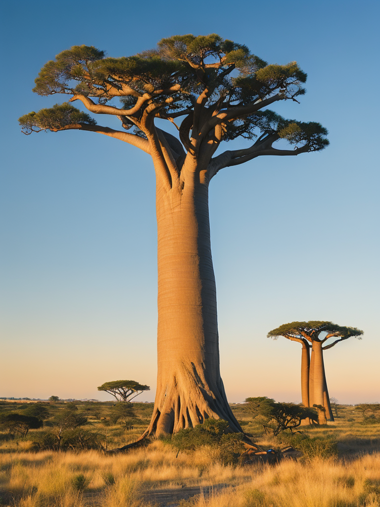 Baobab tree, savanna, sunset, high detail