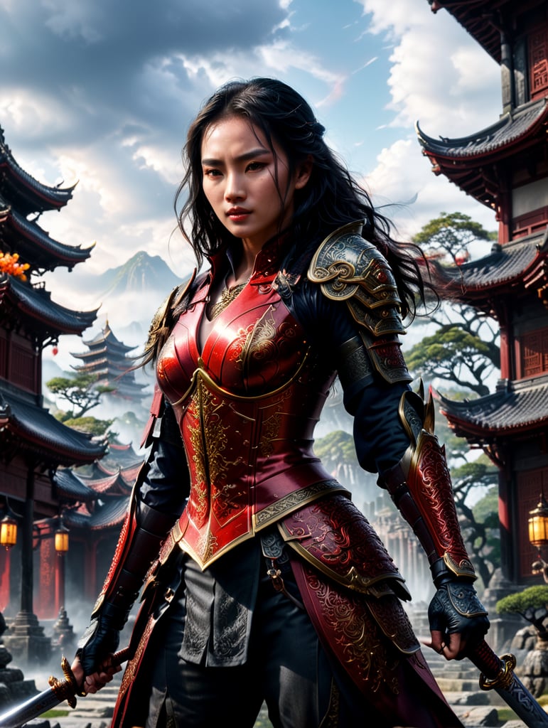 an ultra realistic wide angle epic full body battle shot of Mulan, intricate details, wearing a highly ultra realistic intricate detailed stunning red Samurai costume, ultra detailed sword, smooth edges and curves, surrounded by warriors, war battleground, dark, gothic, Old Japanese architecture palace buildings, photorealistic, cinematic, centered, wet ground, symmetrical volumetric lighting, ambient occlusion, unreal engine, photographed by Akira Kurosawa, inspired by Ran movie, bokeh, particuls, ultra detail