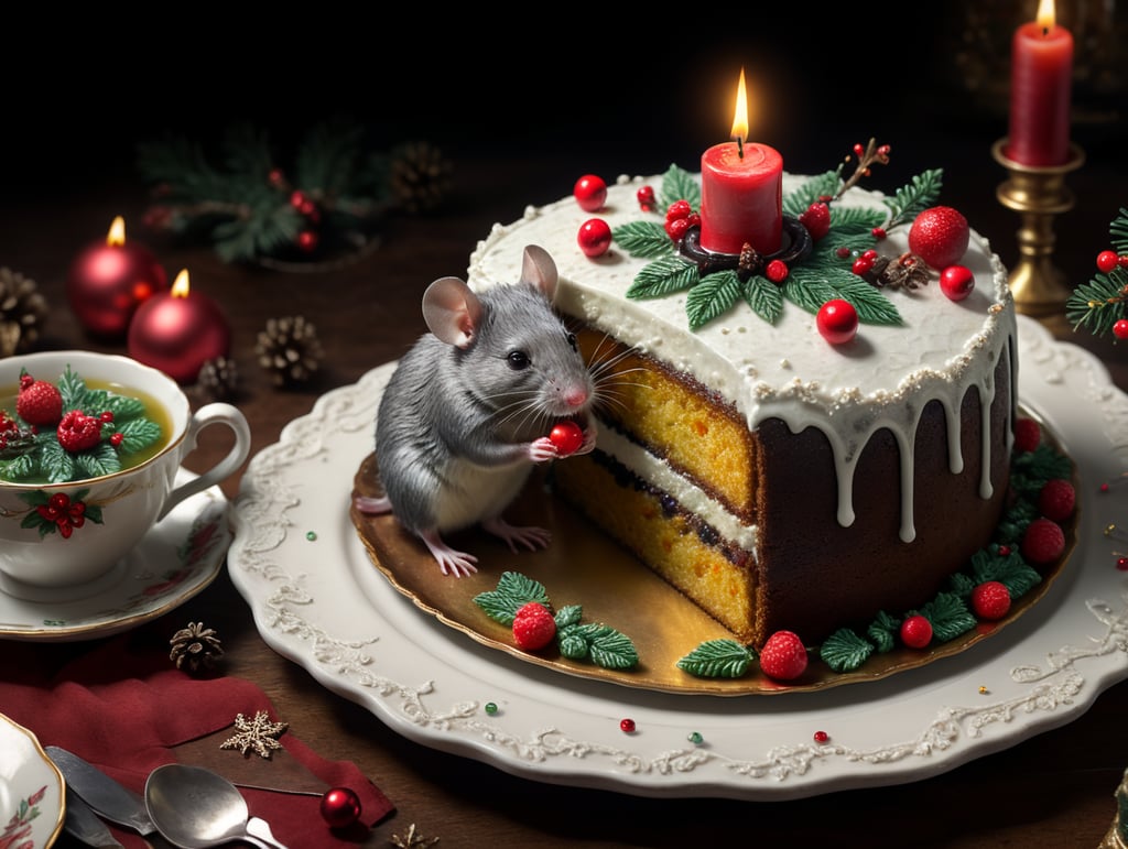 Mouse sitting on a christmas cake with icing the mouse is eating a berry, there is a burning candle and tea in an antique cup the cake is placed on an antique christmas plate in the background is a christmas tree out of focus