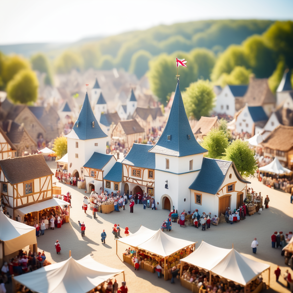 A medieval-inspired creative concept is depicted in a tilt-shift photograph capturing the joyful ambiance of a village fete and fair