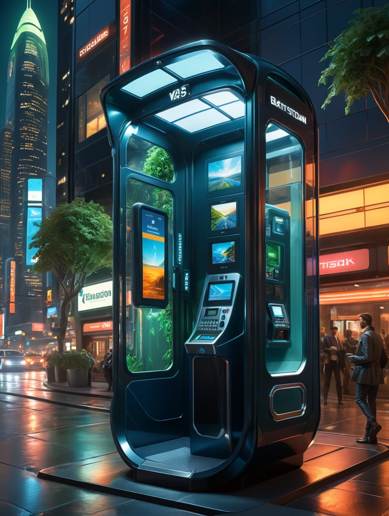 A sleek, state-of-the-art telephone booth with cutting-edge technology and solar power integration, presented through a professional digital illustration style. In the spirit of concept artist Syd Mead, this image showcases a futuristic, cityscape backdrop. The booth exudes minimalism and sophistication with its clean lines and advanced touchscreens. The color palette is a mix of cool, futuristic blues and vibrant, eco-friendly greens. Facial expressions are determined and focused, bathed in the glow of a digitally enhanced atmosphere, demonstrating the embodiment of professionalism in modern technology. --v 5 --stylize 1000