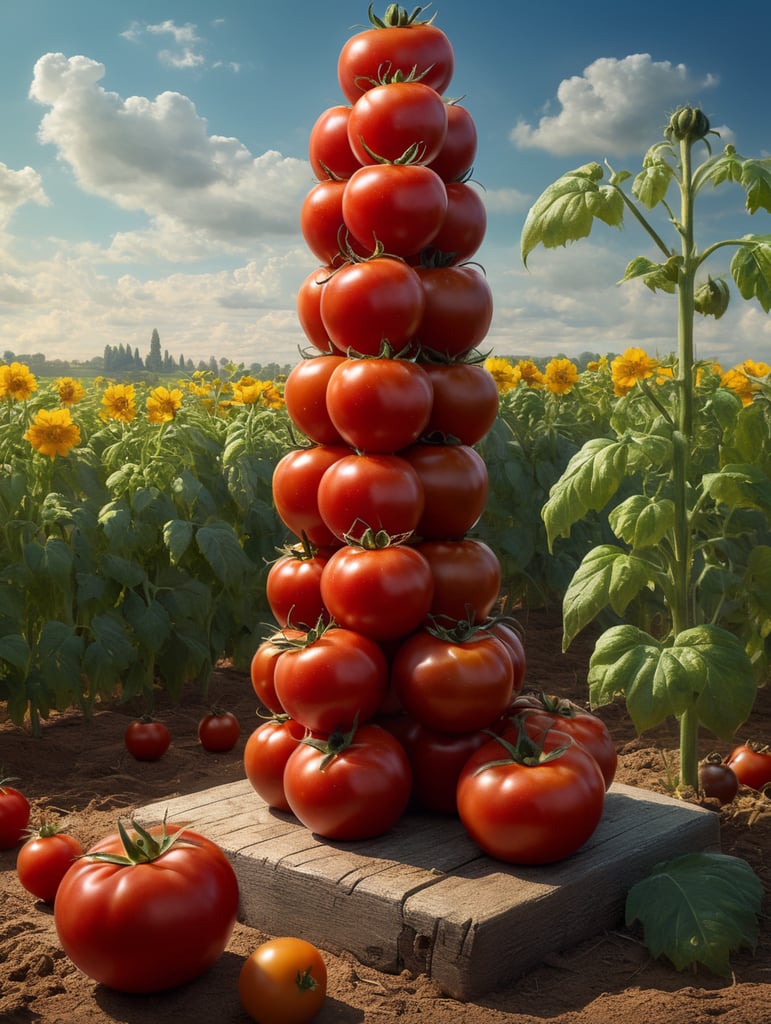 several red tomatoes stacked together forming a ketchup bottle with some leaves around it, beautiful tomato plantation in the background and a blue sky, short grass and yellow flower, creamy light, ambient lighting, beautiful colors