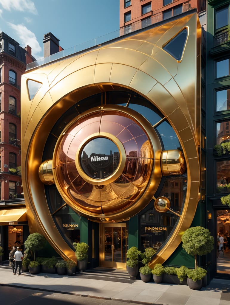 dream prompt: the drone view, a gold palette hyper realistic futuristic neocosmic exterior architecture of a complex Fluid rose facade of restaurant in a geometric lines shapes spectrum, Axel Törneman style architecture, day's ambience, sunny day, in new york city 2023s, gold::1 green:3, hyper detailed, natural lighting, camera nikon, 8k, --s1000 --style raw