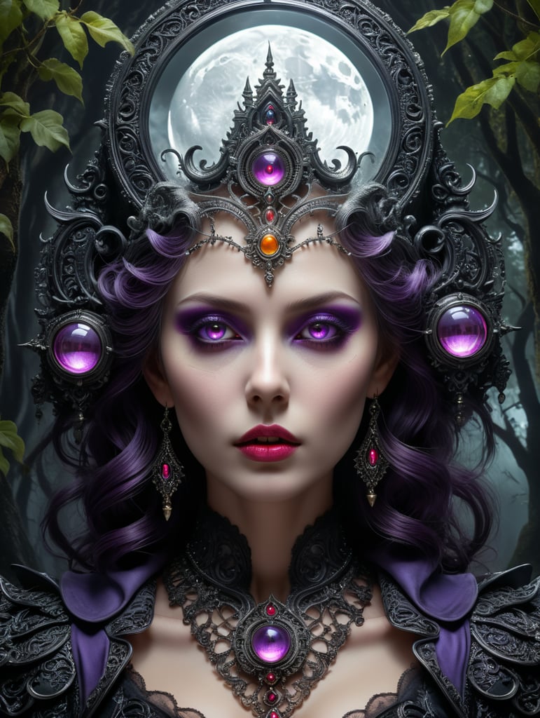 a mysterious haunted mansion standing tall in the distance, surrounded by a dense forest of creepy trees. The moon is partially obscured by dark, ominous clouds, casting an eerie glow over the scene, ultrarealistic in front a witch & warlock rococo style dressed in purple black white , the which has neon glowing eyes and she looks at her likeness into the magical chroma reflection mirror, hyperdetailed fantasy photo with breathtaking intricate details, by WETA FX and industrial light and magic, intricate elaborate RTX enhanced CGI render by artist "american romanticism" -dramatic "film noir"" surreal dark black hues, surreal bright black colours , surreal dark white background,