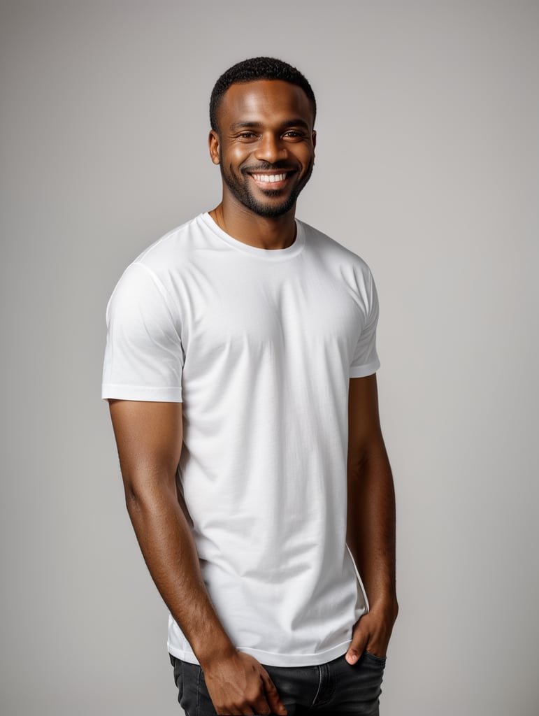 a black African man wearing white t-shirts, standing in front of black background, blank shirt no print, smiling, photo for apparel mock-up