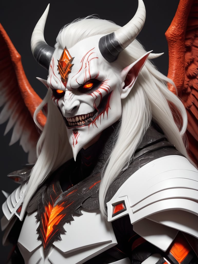 nombre: slayher, una criatura humanoide la fusión de un apareció angelical y apareció demoniaco con una larga sonrisa siniestro con dientes afilados y legua larga negra ojos naranjas con cabello blanco cuernos negros rayas blancas 2 grandes alas de ángel y una cola de demonio forma de flecha rostro de venon con ropa elegante género masculino piel roja y blanca