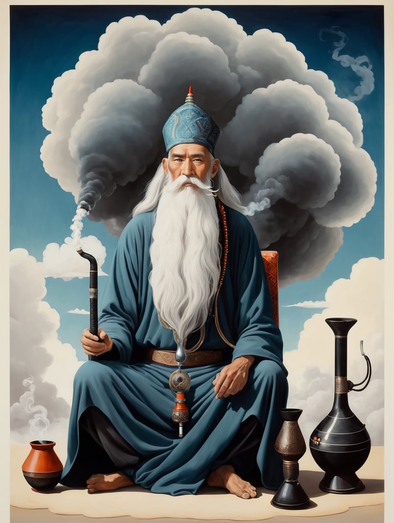 old wizard with a long beard sitting cross-legged, smoking a large hookah pipe with a huge cloud of smoke above him, style of Will Barnet