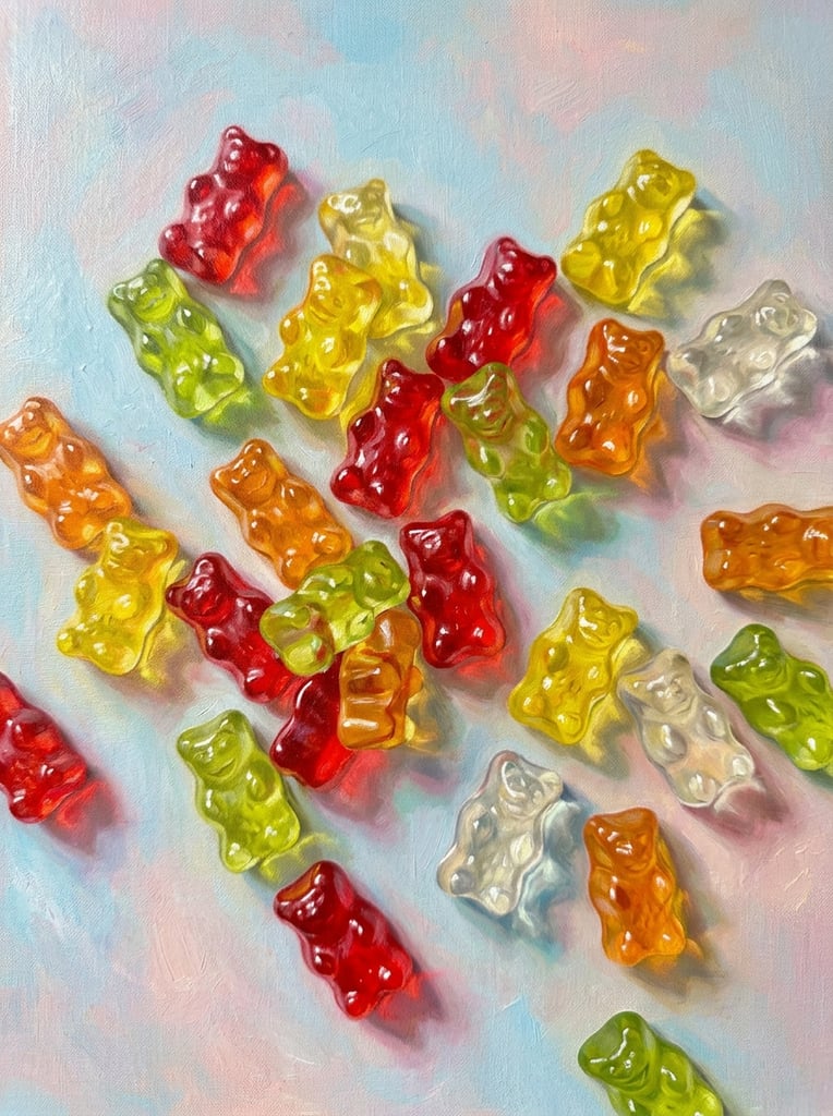 scattered translucent gummy bears in red yellow orange green and clear, vibrant glossy gelatin texture, bright specular highlights, colorful cast shadows, mottled pastel blue and pink background, realistic oil painting on canvas