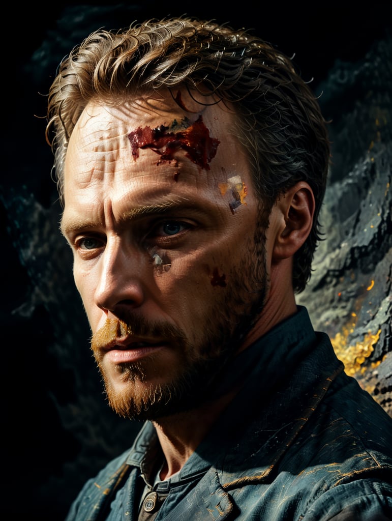 Create a collage styled portrait of Vincent van Gogh using his unique painterly style.