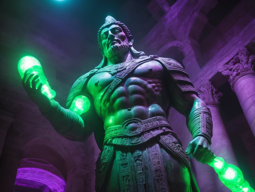 Ancient statue that is so powerful looking, purple and green beaming lights