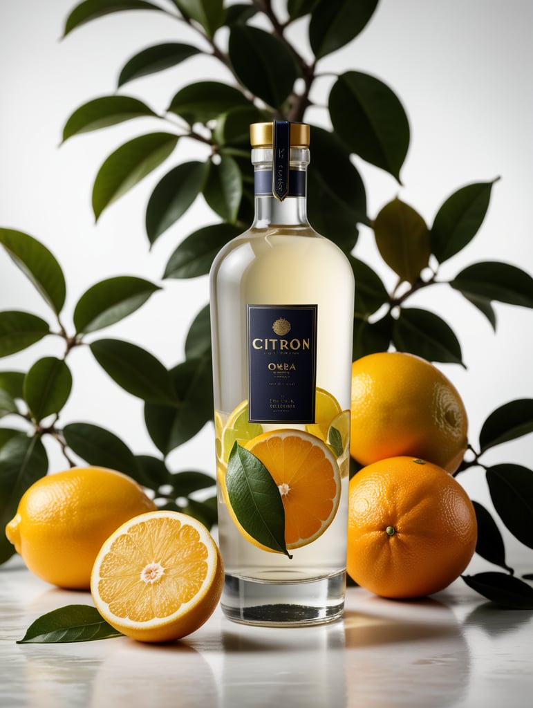 Packaging and branding for a citron vodka brand as if it had been designed by HI ESTUDIO with In a set design with citrus fruits, citrus fruits and dry citrus leaves.