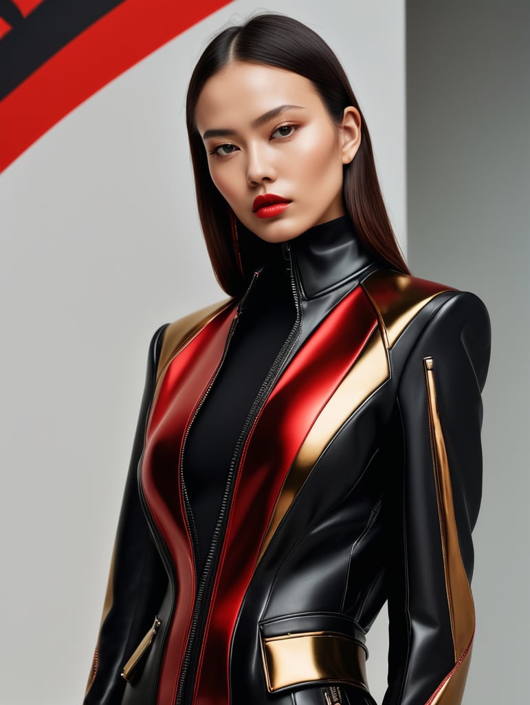 fashion shoot portrait of extremely beautiful female wearing massively over size black red futuristic slim fim suit black gold jacket by craig green, dingyun zhang, yeezy, balenciaga, vetements, sharp focus, clear, detailed, , cinematic, detailed, off white, glamourous, symmetrical, vogue, editorial, fashion, magazine shoot, glossy