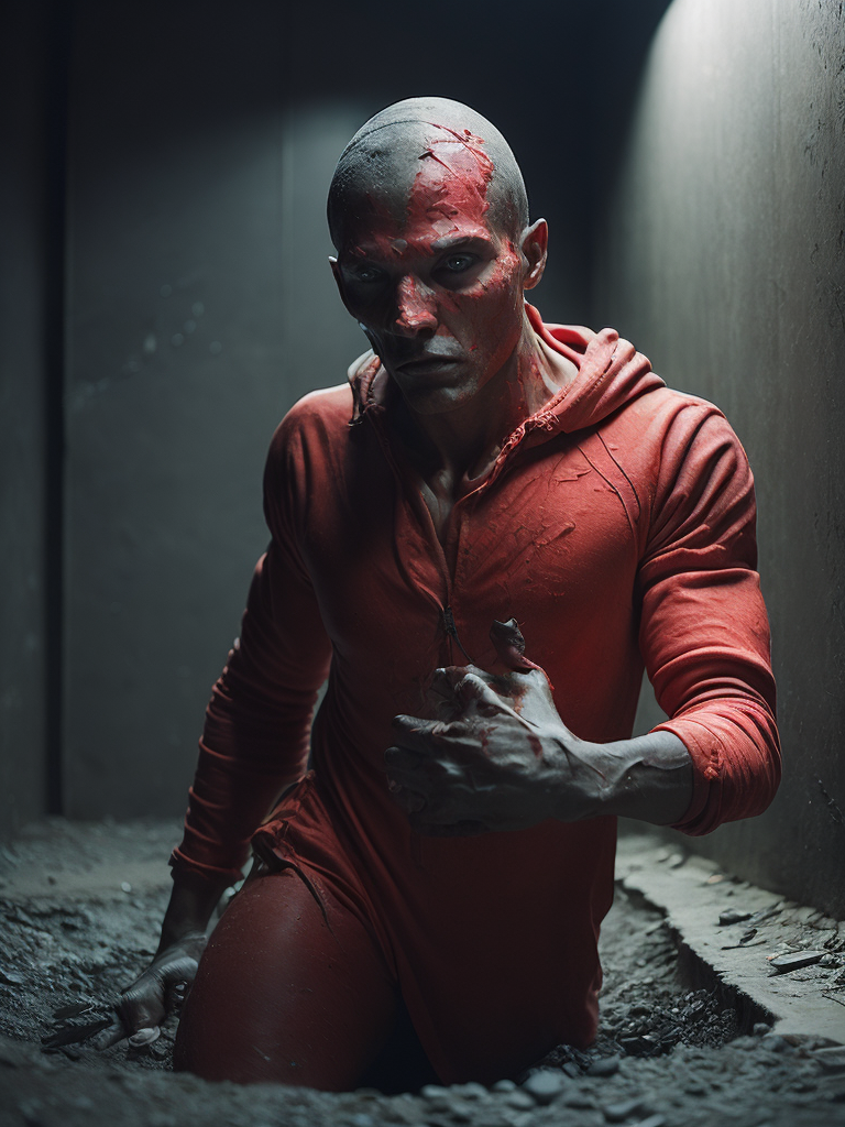 Red plastic statue of a man melting into the concrete concrete room dark and moody