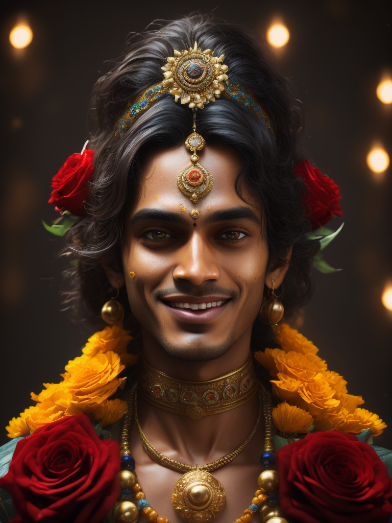 erstelle mir ein bild von gott, dem höchsten herrn, in der form von krishna. mit rosen und tagetesblumen als girlande, einem süßen lächeln und wunderbar liebenden augen