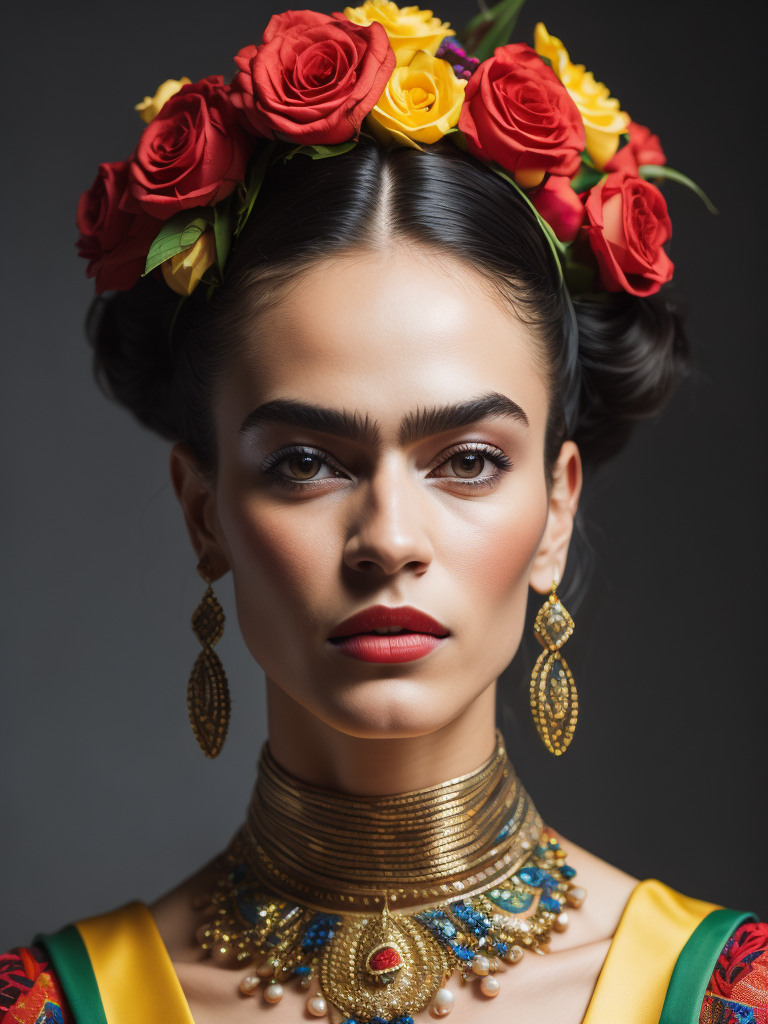 Portrait of Frida kahlo, bright and saturated colors, elegant, highly detailed, vogue, fashion magazine, sharp focus, Bright expressive makeup, Dramatic Lighting, Depth of field, Incredibly high detailed, blurred background