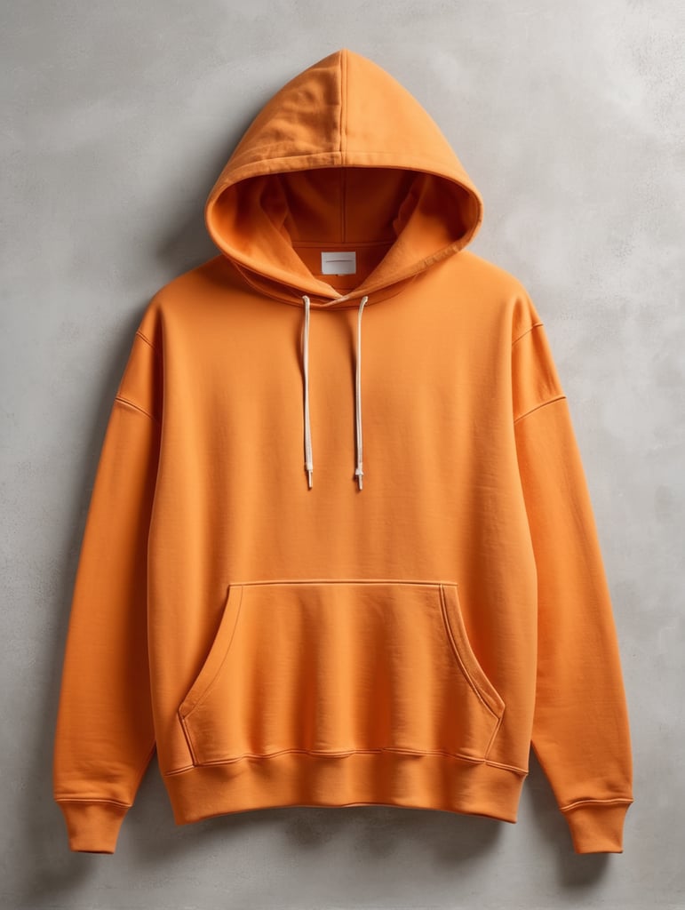 drop shoulder orange vintage washed hoodie without drawstrings blank mockup, laying on a concrete floor